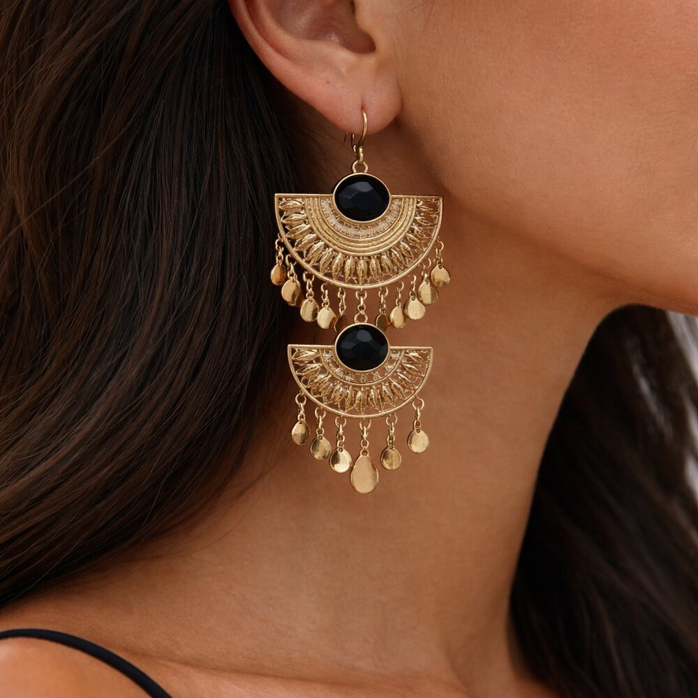 Gold Dangle Chandelier Hook Earrings with Black Crystals Costume Jewelry